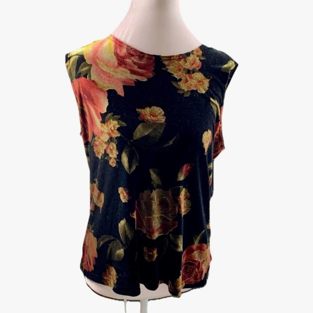 Black Velvet Floral‎ Rose Tank Top Shell Sz L Whimsygoth Goth Grunge Y2K Fairy